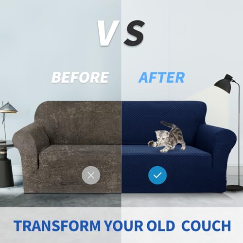 1 Piece Jacquard Couch Covers for 3 Cushion Couch Living Room High Stretch Sofa Cover Pets Dogs Friendly Anti Slip Thickened Slipcovers Furniture Protector (Large (71"-90") / Navy Blue)