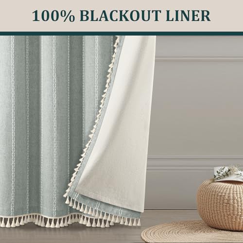 Teal 100% Boho Blackout Curtains 84 Inch 2 Panels with Tassels (Teal Green / 52"W x 84"L (Pack of 2))