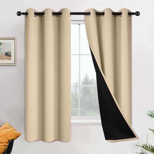 Black 100% Blackout Curtains 63 Inches Long for Bedroom 42" Wide (42"W x 63"L (Pack of 2) / Beige)