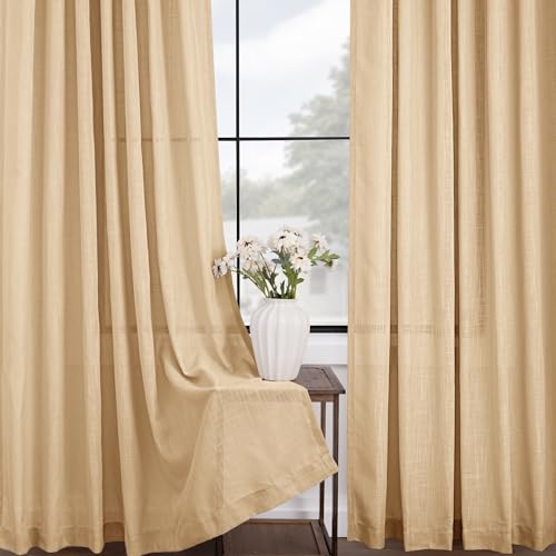 Tan Linen Curtains 120 inches Long for Living Room Back Tab Rustic Farmhouse Semi Sheer Light Filtering Window Curtain Dining Room Soft Thick Flax Linen Textured Drapes Kahki 52x120 (Kahki / 52"W x 120"L (Pack of 2))