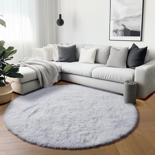 White Round Rugs 6ft for Living Room Bedroom (White / 6' (Round))