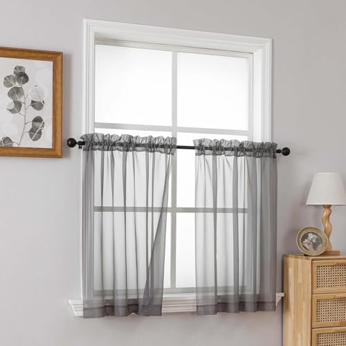 Grey Small Sheer Curtains 2 Panels (42"W x 36"L (Pack of 2) / Charcoal Grey)