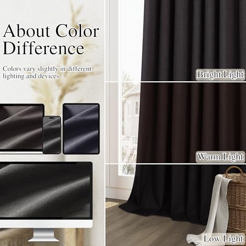 Black 100% Blackout Linen Curtains 102 Inch Length 2 Panels Set for Living Room Bedroom Back Tab Thermal Insulated Black Out Drapes Room Darkening Window Curtains (Black Linen / 52"W x 102"L (Pack of 2))