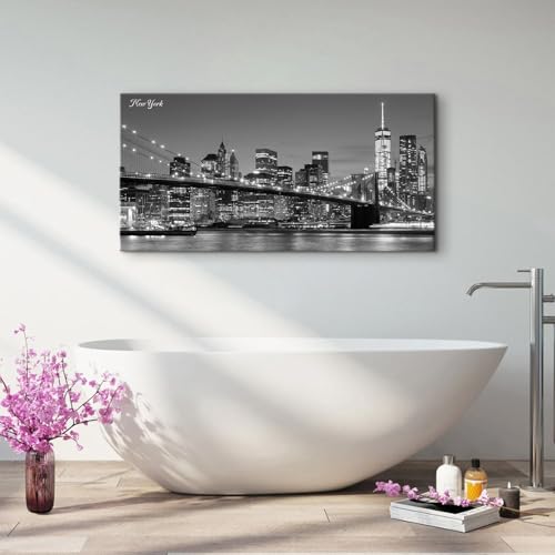 New York Wall Art for Living Room Brooklyn Bridge Canvas Prints Black and White Manhattan Night View Posters Modern Cityscape Panoramic Painting Artwork for Bedroom Office Home Decoration 24x48" (48"L x 24"W / New York)