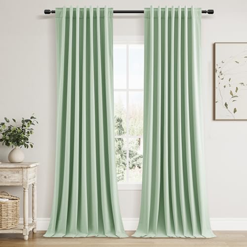 Aqua Green 100% Blackout Linen Curtains 96 Inch Length 2 Panels Set for Living Room Bedroom Back Tab Thermal Insulated Black Out Drapes Room Darkening Farmhouse Style for Bedroom Window Curtains (Aqua Green / 52"W x 96"L (Pack of 2))