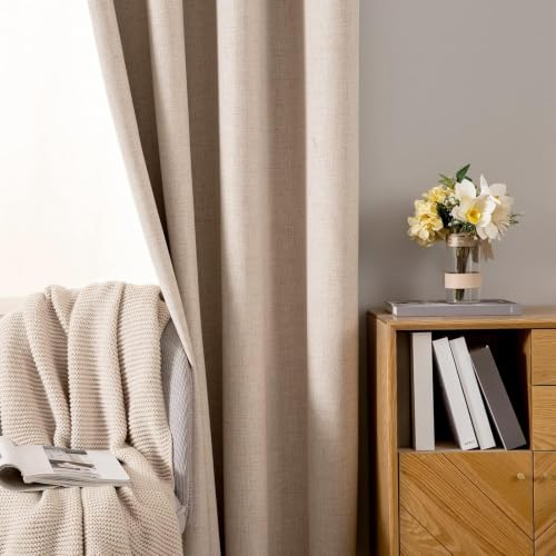 100% Blackout Linen Curtains for Bedroom 52x104 Inches Natural Beige (Beige / 52"W x 104"L (Pack of 2))