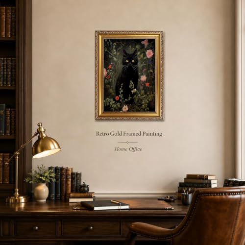 Gold Framed Moody Floral Black Cat Wall Art (Black cat / 16"L x 12"W)