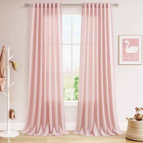 Pink Linen Curtains 90 Inch Long 2 Panels Set for Baby Girl Bedroom Pink Soft Linen Textured Window Drapes Semi Sheer Light Filtering Rod Pocket Back Tab Farmhouse Curtain 52x90 (52"W x 90"L (Pack of 2) / Pink)