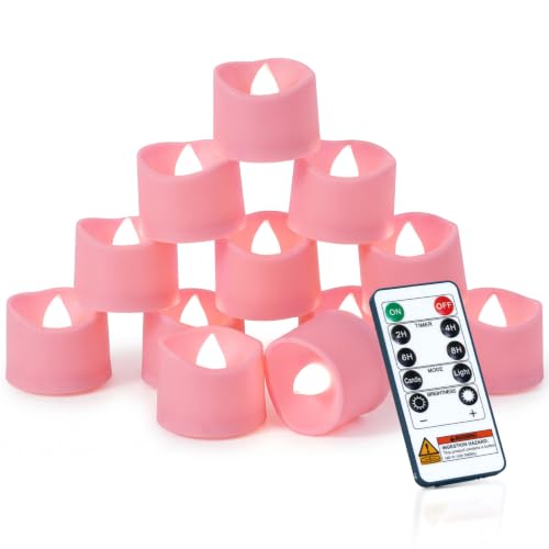 12 Pack Pink Remote Flameless Battery Tea Light Candles (Clean White Glow, Pink Body)