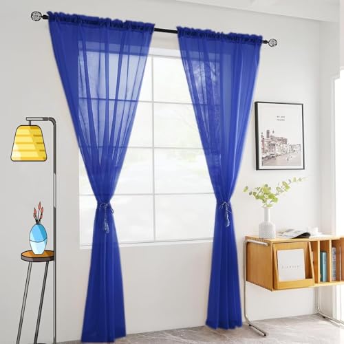 Basic Rod Pocket Sheer Voile Window Curtain Panels Sapphire 1 Pair 2 Panels 52 Width 36 Inch Long for Kitchen Bedroom Children Living Room Yard（Sapphire (Blue Sapphire / 52"W x 36"L (Pack of 2))