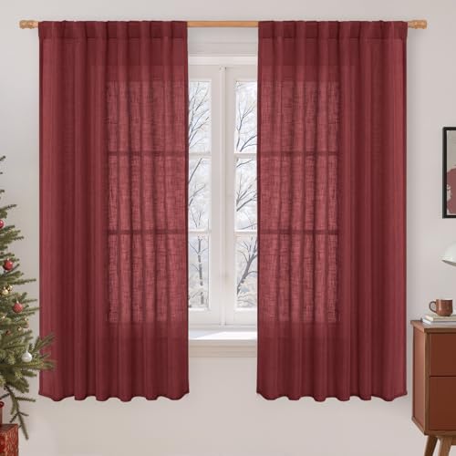 Semi Sheer Linen Curtains 63 Inch for Living Room 52 x 63 Inch (Burgundy Red / 52"W x 63"L (Pack of 2))