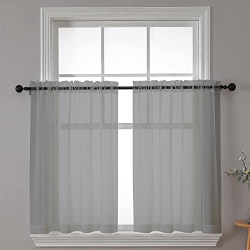 Sheer Window Curtains Tier 2 Pieces Set (Charcoal Grey / 42"W x 36"L (Pack of 2))