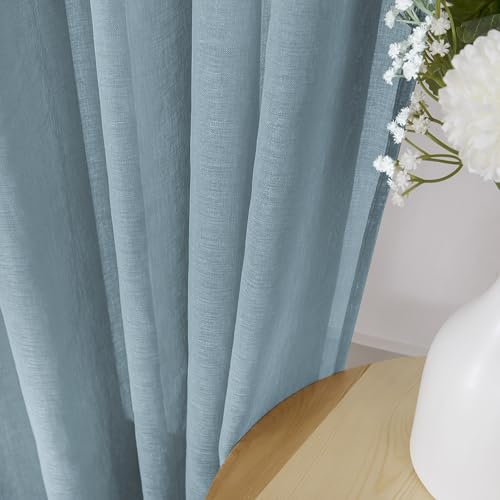 Short Sheer Curtains Linen Textured Living Room Curtain Sheers Light Filtering Rod Pocket Voile Curtains for Bedroom (42"W x 45"L (Pack of 2) / Dusty Blue)
