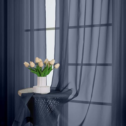 Sheer Curtains 84 Inches Long 2 Panels Set (Navy Blue / 59"W x 84"L (Pack of 2))