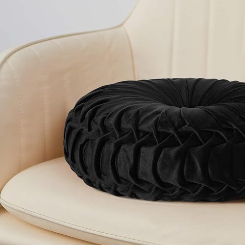 Set of 2 Black Velvet Decorative Round Pleated Throw Pillows (Black)