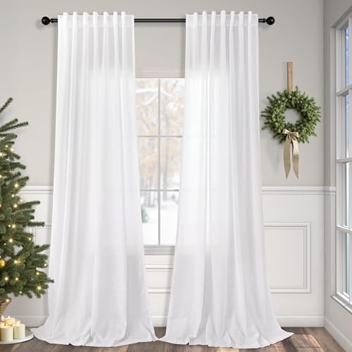 White Linen Curtains 90 Inches Long for Living Room 2 Panels Back Tab Rod Pocket Draperies Light Filtering Semi Sheer Boho Curtains for Bedroom Modern Farmhouse Cottage Core Decor 52x90 Length (52"W x 90"L (Pack of 2) / Pure White)