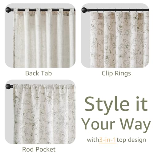 Floral Linen Curtains for Living Room 96 Inch Length Green Flower Curtain Rod Pocket Back Tab Farmhouse Curtains with Printed Floral Bedroom Window Curtain Set (Penny Green on Ecru / 50"W x 96"L (Pack of 2))