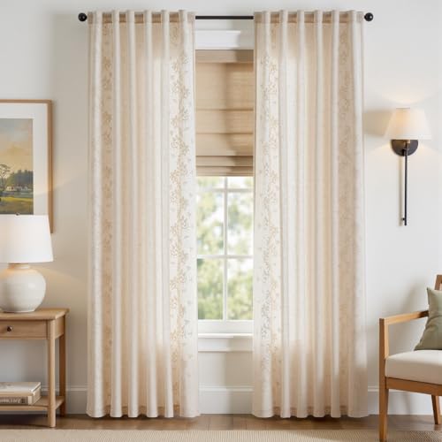 Floral Linen Curtains 84 Inch Farmhouse Back Tab 2 Panels (Vine | Ivory / 50"W x 84"L (Pack of 2))