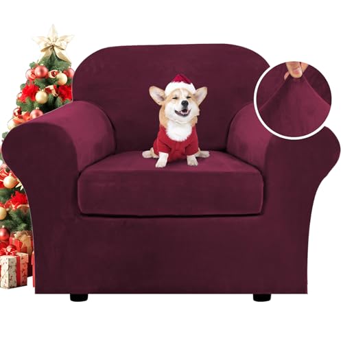 Rich Velvet Stretch 2 Piece Cover Chair Slipcover Sofa Cover Furniture Protector Couch Soft with Elastic Bottom Chair Couch Cover with Arms Width Up to 49 Inch (1 Cushion Chair / Wine/Burgundy)