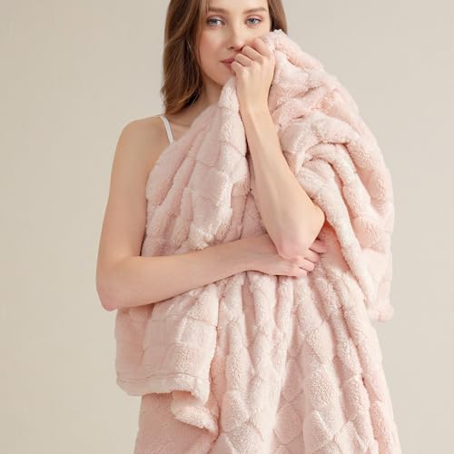 Checkered Fleece Throw Blankets for Bed (Light Pink / Throw XL (50" X 70"))
