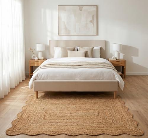 Natural Jute Scalloped Multi Size Area Rug Soft Textured Durable Easy Clean Low Pile Natural Fiber Rug for Dining Room Living Room Boho Bedroom (Natural / 3x4 Feet)