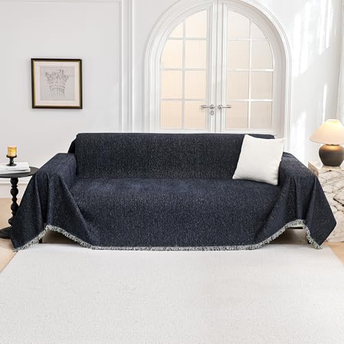 Couch Cover for Dogs Washable Couch Covers Couch Covers for Sofa Couch Cover 2 Cushion Sofa Non Slip Dogs Furniture Protector with Tassels Chenille Sofa Covers for Pet (71" x 102" / Navy Blue)