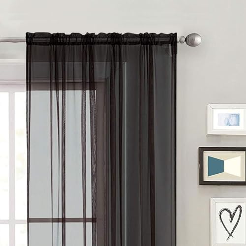 Basic Rod Pocket Sheer Voile Window Curtain Panels White 1 Pair 2 Panels 70 Width 108 Inch Long for Kitchen Bedroom Children Living Room Yard (Black / 70"W x 108"L (Pack of 2))