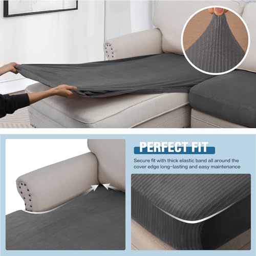 Velvet Stretch Sectional Couch Covers (Striped Grey / 2 Seater + Chaise)