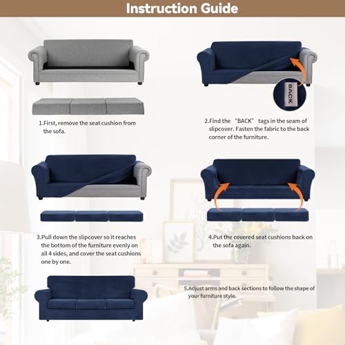 4 Pieces Couch Cover for Sofa Velvet Sofa Covers Washable (Large / Navy Blue)