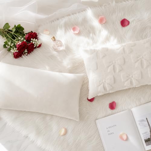 Cream White Bow Faux Fur Throw Pillow Covers 12x20 Set of 2 (Cream White Bow / 20" x 12" (Pack of 2))