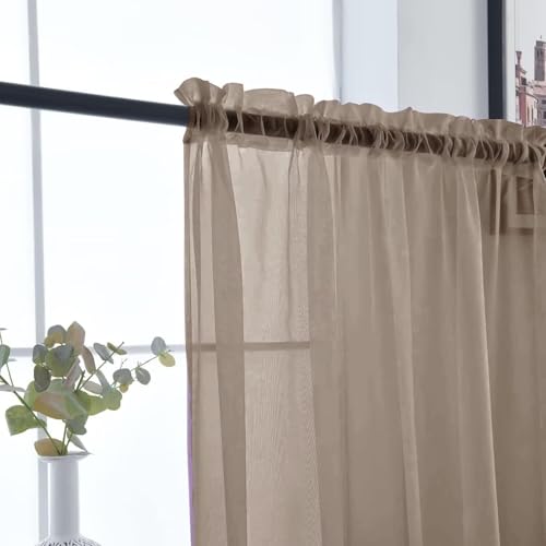 Basic Rod Pocket Sheer Voile Window Curtain Panels Taupe 1 Pair 2 Panels 52 Width 63 Inch Long for Kitchen Bedroom Children Living Room Yard（Taupe (Taupe / 52"W x 63"L (Pack of 2))