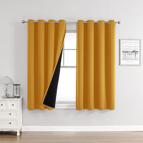 100% Blackout Curtains for Bedroom 2 Panels Set with Black Liner (52"W x 45"L (Pack of 2) / Mustard Yellow)