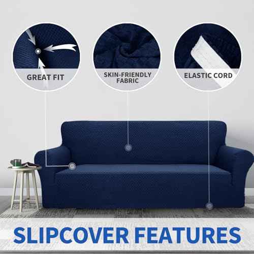 1 Piece Jacquard Couch Covers for 2 Cushion Couch High Stretch Loveseat Slipcover for Pets Dogs Anti Slip Love Seat Sofa Slipcover Furniture Protector (Medium (55"-69") / Navy Blue)