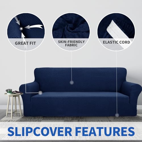 1 Piece Jacquard Couch Covers for 3 Cushion Couch High Stretch Sofa Cover for Pets Dogs Anti Slip Extra Large Sofa Slipcovers Furniture Protector (X-Large (91"-112") / Navy Blue)