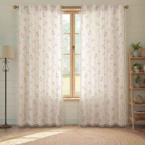 Boho Floral Light Filtering Curtains 90 Inch 2 Panels Linen Texture (Light Filtering Vintage Florals / 52"W x 90"L (Pack of 2))