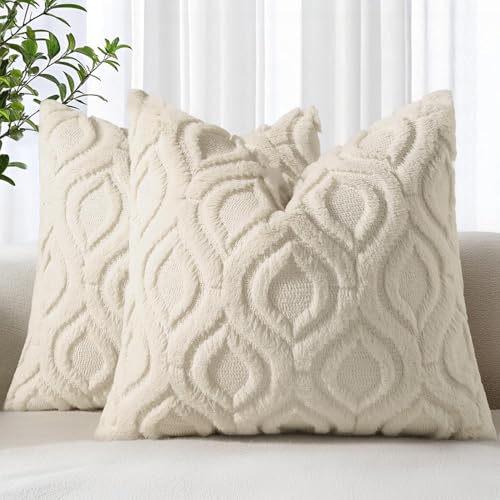 Faux Fur Plush Soft Beige Throw Pillow Covers 12x12 Set of 2 (12" x 12" (Pack of 2) / Beige)