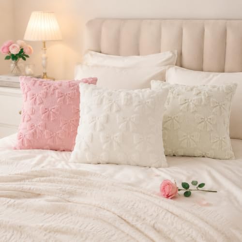 Cream White Bow Faux Fur Throw Pillow Covers 16x16 Set of 2 (Cream White Bow / 16" x 16" (Pack of 2))