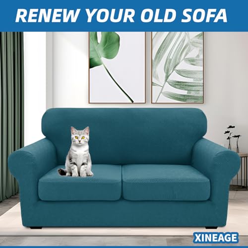 3 Piece Stretch Loveseat Sofa Cover (55"-69"(2 Cushions) / Peacock Blue)