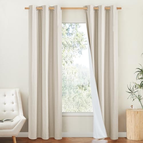 100% Blackout Linen Texture Curtains 90 inches Long (42"W x 90"L (Pack of 2) / Beige)