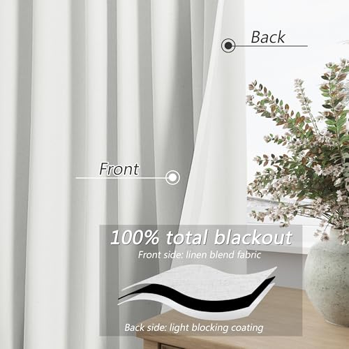 White 100% Blackout Linen Curtains 95 Inch Length 2 Panels Set for Living Room Bedroom Back Tab Rod Pocket Thermal Insulated Black Out Drapes Room Darkening Window Curtains 52x95 (White / 52"W x 95"L (Pack of 2))