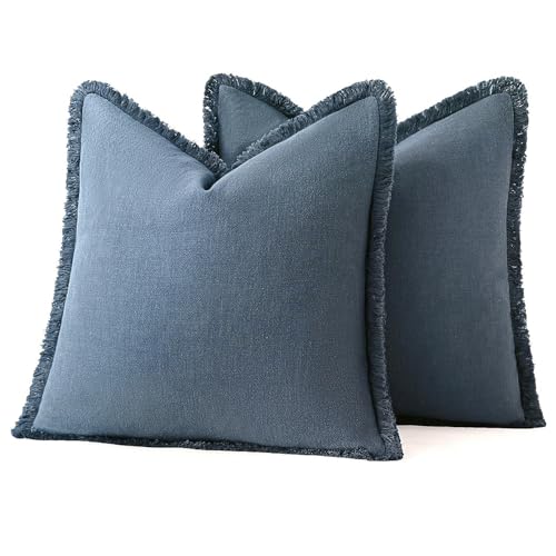 Boho Linen Fringe Decorative Throw Pillow Covers Blue Ashes 20x20 (20" x 20" (Pack of 2) / Blue Ashes)