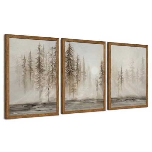 Triptych Neutral Misty Forest Framed Canvas Wall Art (16"L x 12"W / Sunny Forest)