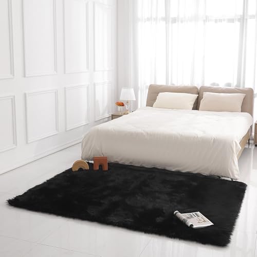 Faux Fur Rug Sheepskin Shag Fluffy Fuzzy Beige 5x7 ft Rugs for Bedroom Bedside Bed Floor Living Room Plush Rectangle High (5' x 7' (Rectangular) / Beige)