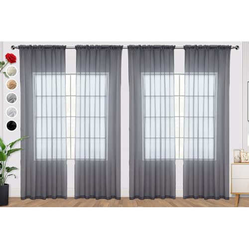 Grey Sheer Curtains 4 Panels Rod Pocket Semi (Grey / 52"W x 84"L (Pack of 4))