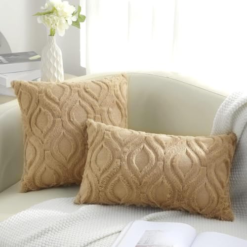 Faux Fur Light Brown Khaki Throw Pillow Covers 22x22 Set of 2 (22" x 22" (Pack of 2) / Light Brown Khaki)