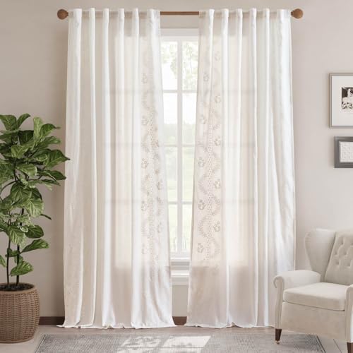 Floral Linen Curtains 96 Inch Farmhouse Back Tab 2 Panels (Off White / 50"W x 96"L (Pack of 2))