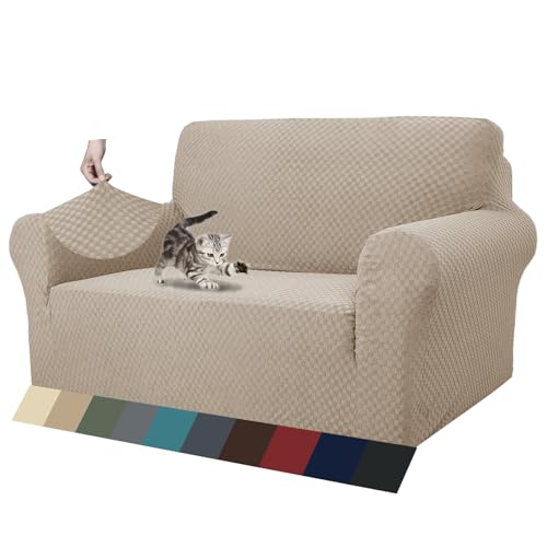 1 Piece Jacquard Couch Covers for 2 Cushion Couch High Stretch Loveseat Slipcover for Pets Dogs Anti Slip Love Seat Sofa Slipcover Furniture Protector (Medium (55"-69") / Khaki)