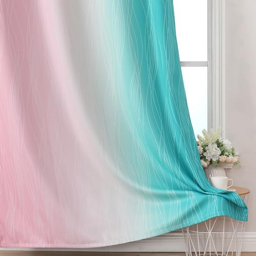 Pink and Teal Ombre Blackout Curtains for Bedroom 84 Inch (Pink and Teal / 52"W x 84"L (Pack of 2))