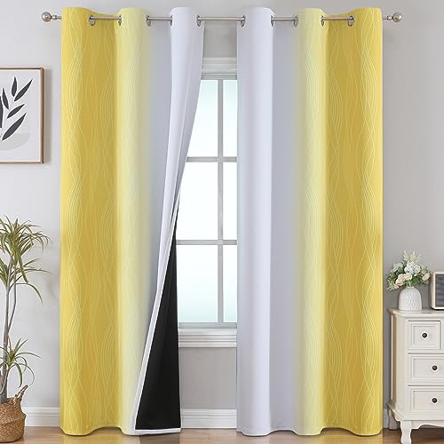 Yellow and Greyish White Ombre Blackout Curtains for Living Room 84 Inch (Yellow and Greyish White / 42"W x 84"L (Pack of 2))