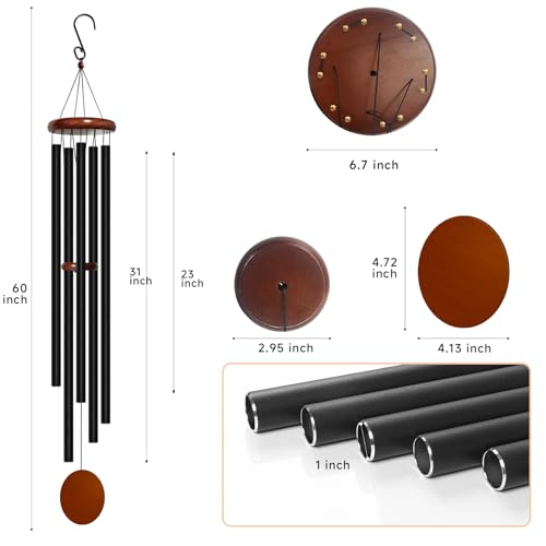 60" Aluminum Wind Chimes for Outside (Black / Classic 60" Deep Tone (5 Tubes))